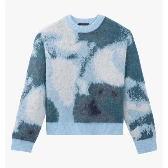 NEW The Kooples Abstract Colorblock Knit Alpaca Crewneck Wool Sweater in Blue XS